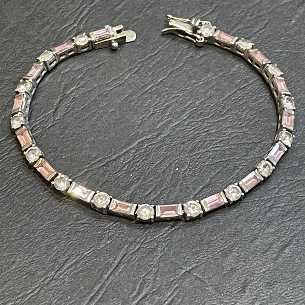 Vintage Solid Sterling Silver Tennis Bracelet with Pink Baguettes and Faux Diamonds