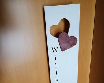 Holzschild Willkommen Doppelherz