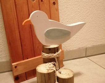 Seagull on bollard - maritime decoration made of wood - 38 cm