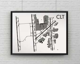 Impression d'art de l'aéroport international de Charlotte Douglas, affiche de carte CLT, décoration aviation, impression d'aéroport minimaliste de Caroline du Nord, cadeau pilote