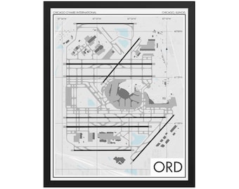 Chicago O&#39;Hare International Airport Art Print, ORD Airport Map Poster, Aviation Decor, Illinois Airport Runway Print, Pilot Gift, Custom