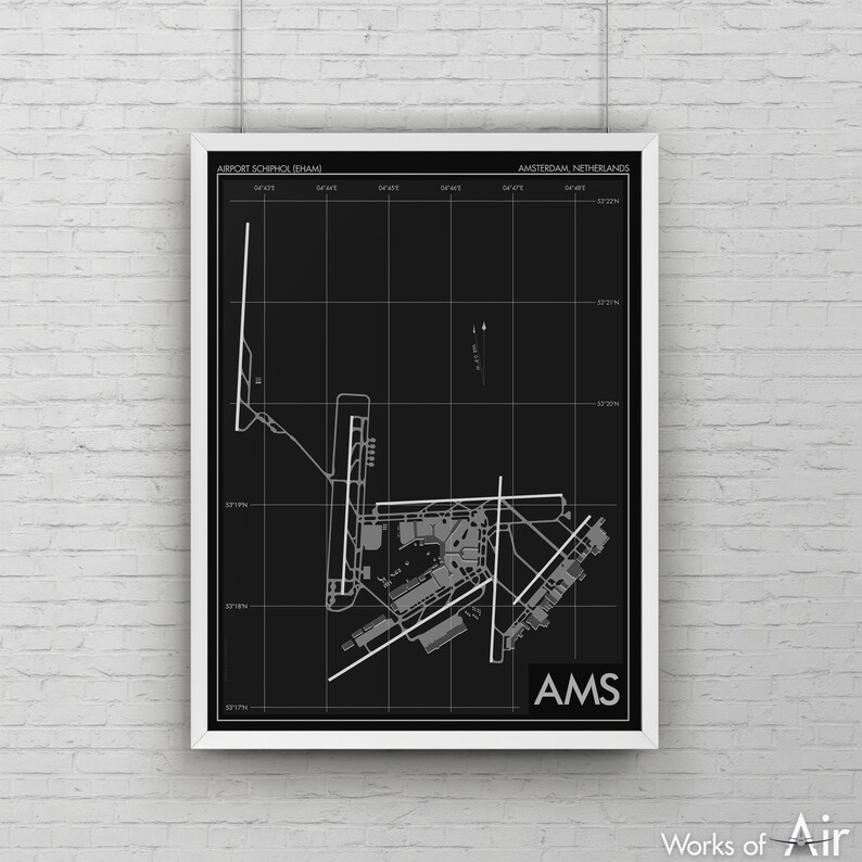 Amsterdam Schiphol Airport Art Print, AMS Airport Map Poster, EHAM Aviation Decor, Netherlands Airport Runway Print, KLM Pilot Gift, Holland image 2