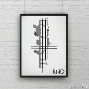 Impressão artística mínima do aeroporto internacional de Reno - Tahoe, pôster do mapa do aeroporto RNO, decoração de aviação, mapa minimalista da pista de Nevada, presente para piloto