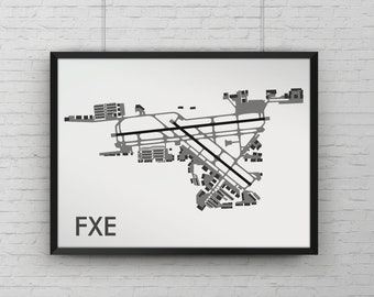 Fort Lauderdale Exec Minimal Airport Art Print, FXE Map Poster, Aviation Decor, Florida Minimalist Airport Print, Pilot Gift, Custom