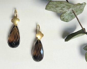 Smoky quartz droplets flower earrings in 750 gold interchangeable earrings interchangeable earrings