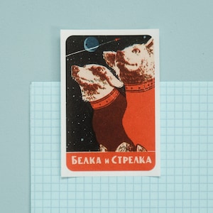 Puede incluir: Una ilustración vintage de dos perros con trajes espaciales, mirando hacia arriba a una estrella. El texto "Белка и Стрелка" está impreso debajo de los perros.
