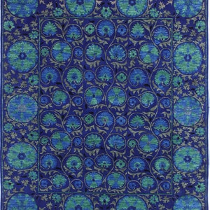 Hand-Knotted Anatolian Rug: Modern Wool & Silk, 8x10 Blue Floral