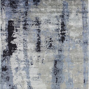 Hand-Knotted Wool & Bamboo Silk Rug: 9&#39;x12&#39; Blue Abstract Anatolian Design