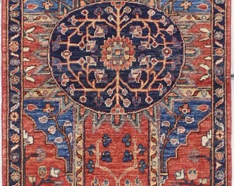 Alfombra de lana anudada a mano: 85 cm x 31 cm, diseño geométrico anatolia rojo