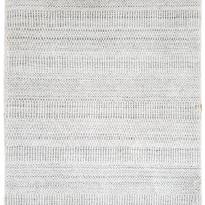 May include: A white and gray striped rug with a textured woven design.
