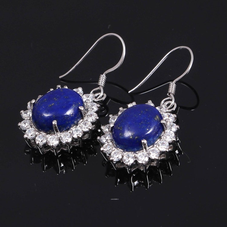 Silver Earrings Zircon Earrings-Gemstone Earrings-925 Sterling Silver Earrings Natural Beautiful Lapis Lazuli Earrings