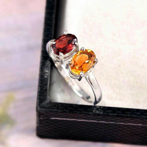 Multistone Garnet and Citrine  Ring -Citrine Ring-Garnet Ring- Gift for her