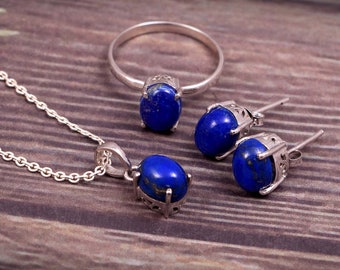 Beaux ensembles de mariée Lapis Lazuli /Ensemble de mariage/Boucles d'oreilles en argent Lapis Lazuli/Pendentif en argent Lapis Lazuli/Anneau en argent Lapis Lazuli