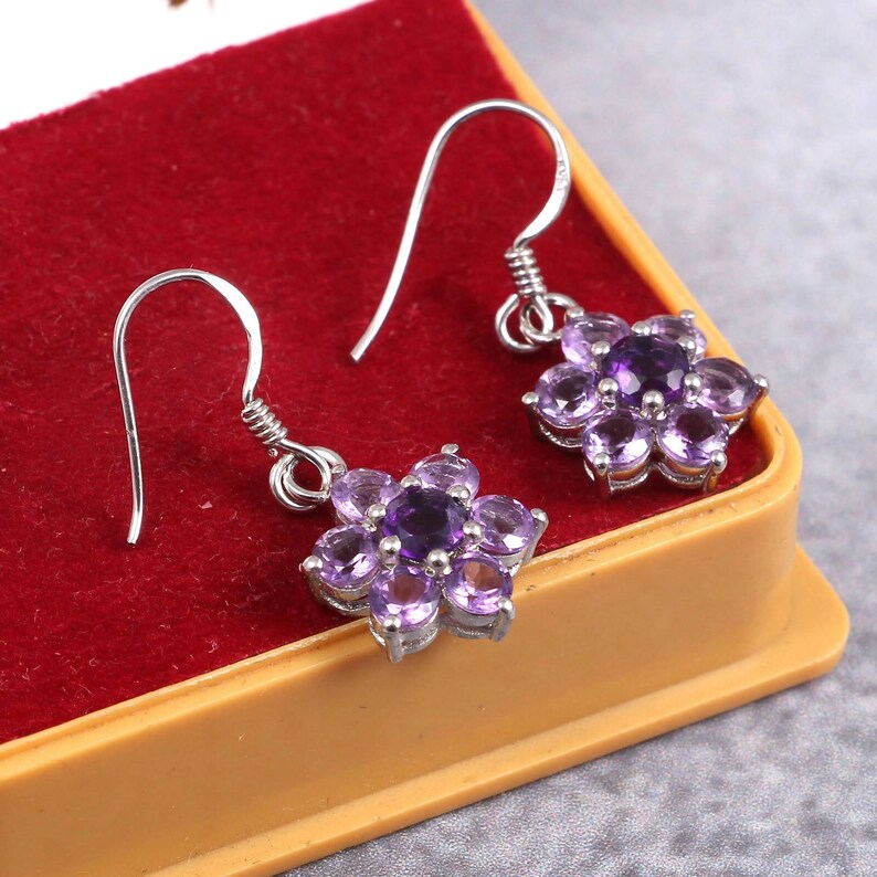 Amethyst Dangle Earrings Beutifull Amethyst Silver Earrings Amethyst Jewellery Flower Earrings-Sterling Silver Earrings