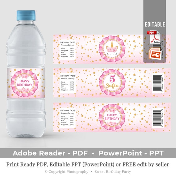 editable unicorn water bottle label printable pink and gold etsy