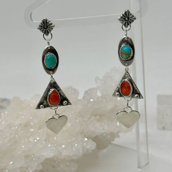 Sterling Turquoise & Spiny Oyster Shoulder Duster Earrings with Heart