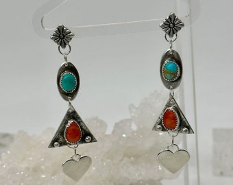 Sterling Turquoise & Spiny Oyster Shoulder Duster Earrings with Heart