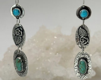 Sterling Silver & Turquoise Shoulder Duster Earrings with Leafy Rose