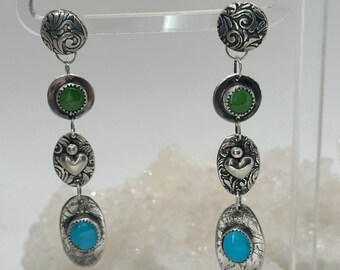 Sterling Silver and Turquoise Shoulder Duster Earrings with Heart Embellishment