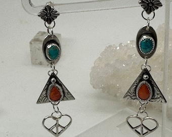 Sterling Silver, Turquoise & Spiny Oyster Shoulder Duster Earrings with Heart Shaped Peace Sign