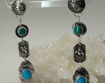 Sterling Silver Turquoise Shoulder Duster Earrings with Honey Bee