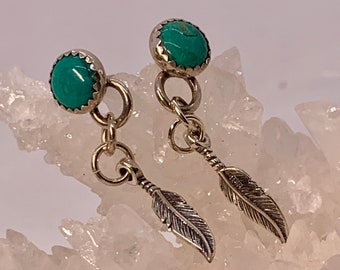 Tyrone Turquoise and Feather Dangle Earring, Feather Drop Earring with turquoise, Cowgirl Earrings, Texas vibe earrings