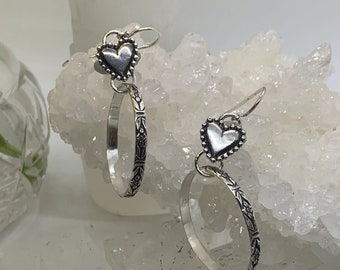 Frilly Heart with Sterling Silver Hoops, Drop, Dangle, Handmade