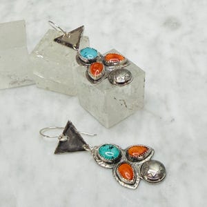 Sterling Silver Western Earrings, Tyrone Turquoise Spiny Oyster Dangle, Silver Concho Cowgirl Jewelry, Southwestern Style Gift for Her