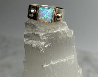 Monarch Opal Wide Band Sterling Silver Ring - Handmade Statement Ring with Rose Gold Details - Size 7.5