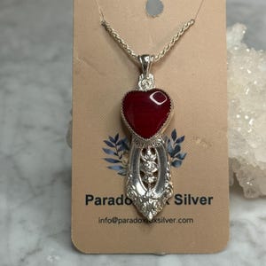 Red Rosarita Heart Pendant & Rose Point Sterling Silver Pendant Necklace 20&quot; Adjustable Silver Chain