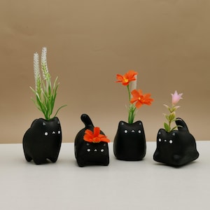 ミニ陶器猫花瓶 - かわいい手作りテラコッタアロマまたはフラワーホルダー - ミニテラコッタ猫花瓶 - 手作りフラワー＆インセンスホルダー - 黒猫