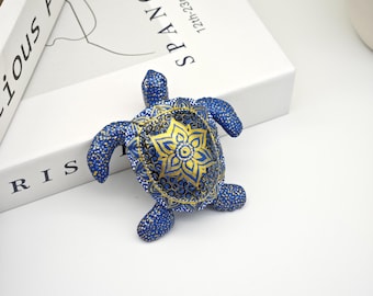 Resin Sea Turtle Statue: Blue & Gold Mandala Ornament