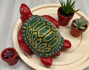 Turtle Statue-Painted turtle resin sculpture-Red and green
