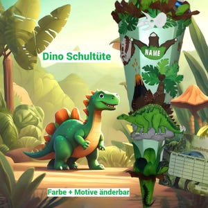 Cono escolar de dinosaurio con tu nombre de dinosaurio + accesorios de dinosaurio a juego, perfecto para tu primer día de clases