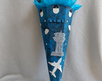 Cône scolaire en forme de tour d'avion 3D avec nom - 70 cm Bleu Argent - Fait main avec pâte texturée et paillettes - Article unique et personnalisé 2026