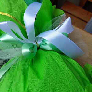 Peut inclure: Gros plan sur un cadeau envelopp&eacute; dans du papier cr&eacute;pon vert vif, orn&eacute; de rubans de satin bleu clair et vert. Une ficelle dor&eacute;e et un filet blanc ajoutent des d&eacute;tails &agrave; la pr&eacute;sentation. Le cadeau est probablement pour une occasion sp&eacute;ciale.