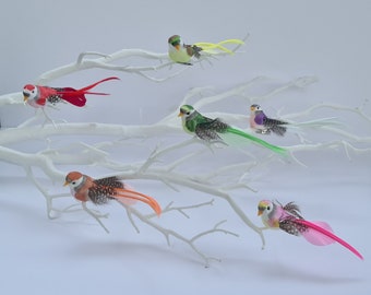 6 Small Artificial Rainbow Fake Streamer Tail Feathered Foam Clip On Birds