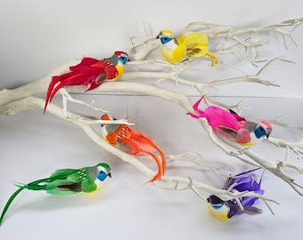 6 Artificial Neon Rainbow Fake Feathered Foam Clip On Birds Flower Hair Hat Party Decoration Craft Cake Topper