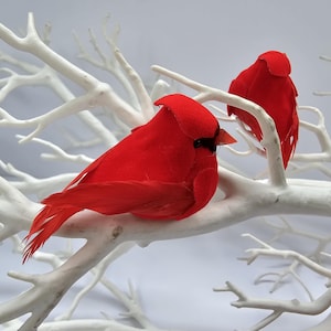 Pode incluir: Dois vibrantes ornamentos de pássaros cardeais vermelhos empoleirados em galhos brancos. Os pássaros têm penas detalhadas e detalhes em preto, criando um contraste marcante com o fundo branco. A imagem evoca um tema de inverno ou feriado.