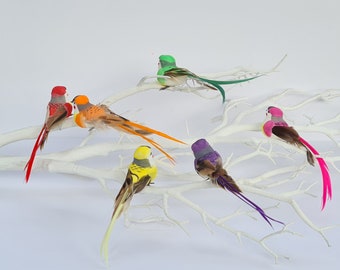 6 Artificial Bright Rainbow Fake Feathered Foam Clip On Birds Flower Hair Hat Party Decoration Craft Topper