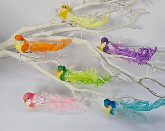 6 Artificial Pastel Neon Rainbow Feathered Garden Foam Birds Flower Home Cake Decoration Craft Topper