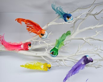 6 Artificial Bright Rainbow tropical Fake Feathered Foam Birds Flower Hair Hat Party Decoration Craft Tree Topper