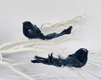 2 pinces de jardin en plumes naturelles bleues artificielles sur mousse pour oiseaux, décoration d'arbre pour la maison, modèle artisanal