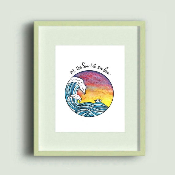 Wave Print Waves Illustration Ocean Print Wall Art Cute Etsy