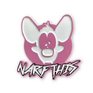May include: Pink enamel pin featuring a cartoon mouse with white ears and a pink body. The text "NARP THIS" is written in a stylized font below the mouse.