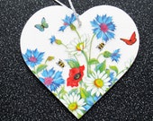 4 quot Handmade MDF Wood Heart Decoration. Hanging Wooden Heart Plaque with flowers butterflies. Gift for her. Handcrafted Wood Heart.