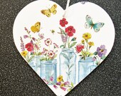 4 quot Handmade MDF Wood Heart Decoration. Hanging Wooden Heart Plaque with jars of flowers butterflies. Gift for her. Handcrafted Wood Heart.