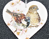 6 quot MDF Wood Hanging Heart. Handmade Hanging Decoration with Birds. Wood Plaque. Sparrows on Wood Plaque. Decoupaged Heart. Gift for her.