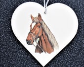 4 quot (10cms) Handmade Hanging Decoration. Wooden Hanging Heart. Wood Plaque. Horses head on heart. Hme decor. Gift, Birthday, Christmas