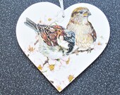 4 quot MDF Handmade Wood Decoration. Hanging Wooden Heart Plaque with 2 Sparrows. Gift for her. Handcrafted Wood Heart with Birds. Garden Birds.